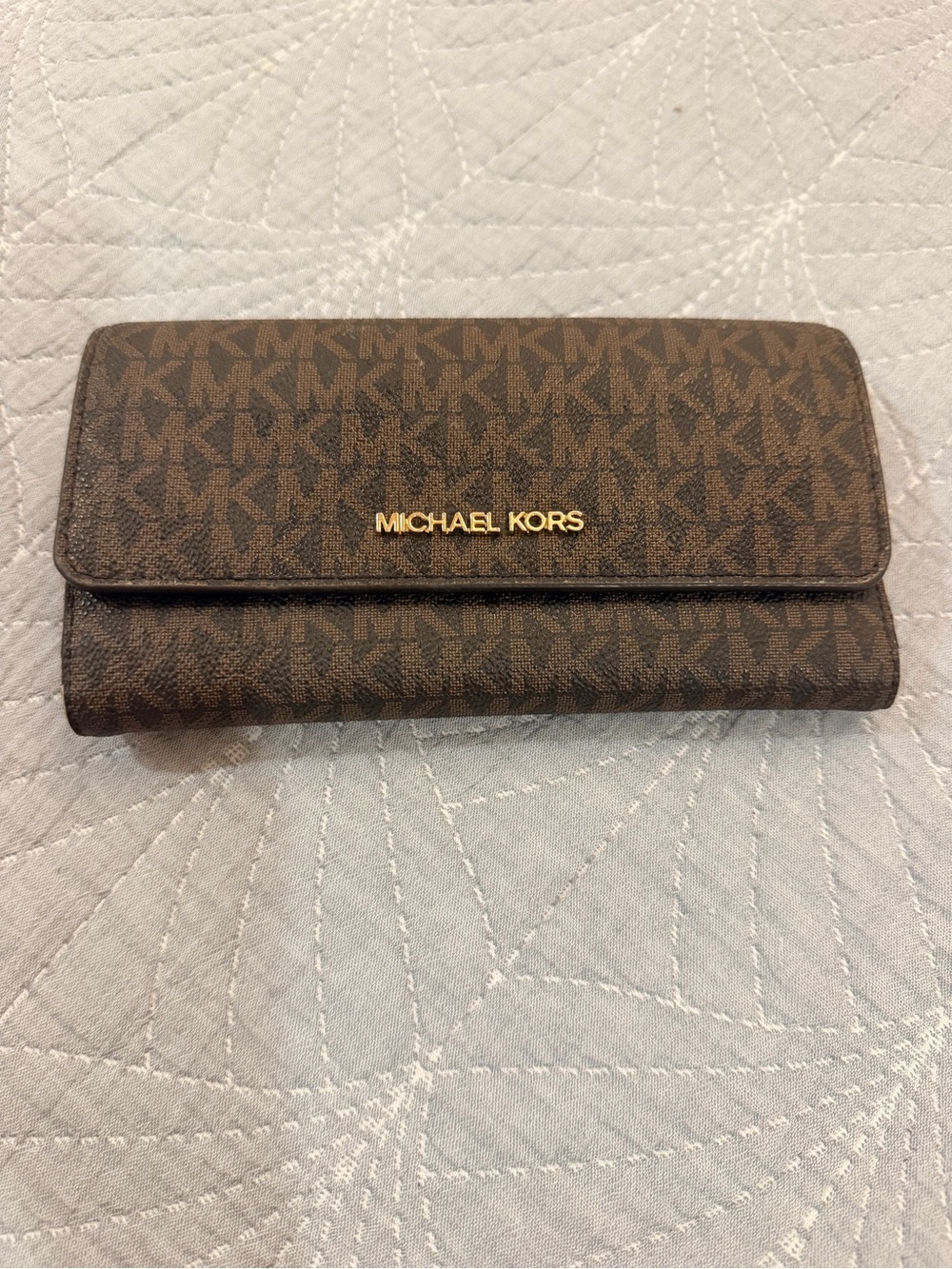 Michael Kors Brown MK Logo Continental Wallet with Gold Hardware